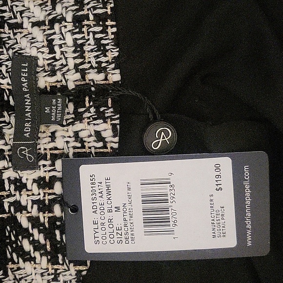Adrianna Papell Black White Crewneck Plaid Blazer with Metallic Threading Size M - Picture 7 of 9